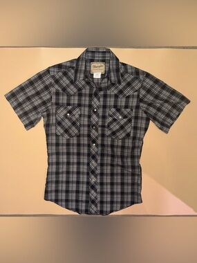 Wrangler Western Plaid Snap Button Shirt Men’s Small Black Gray Short Sleeve